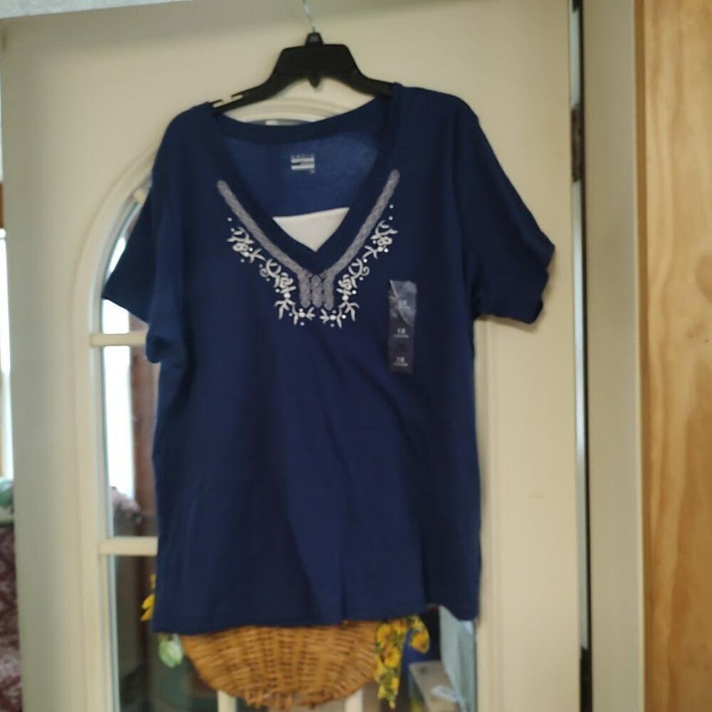 New Basic Editions Navy Blue White Top Size Women's 1X
